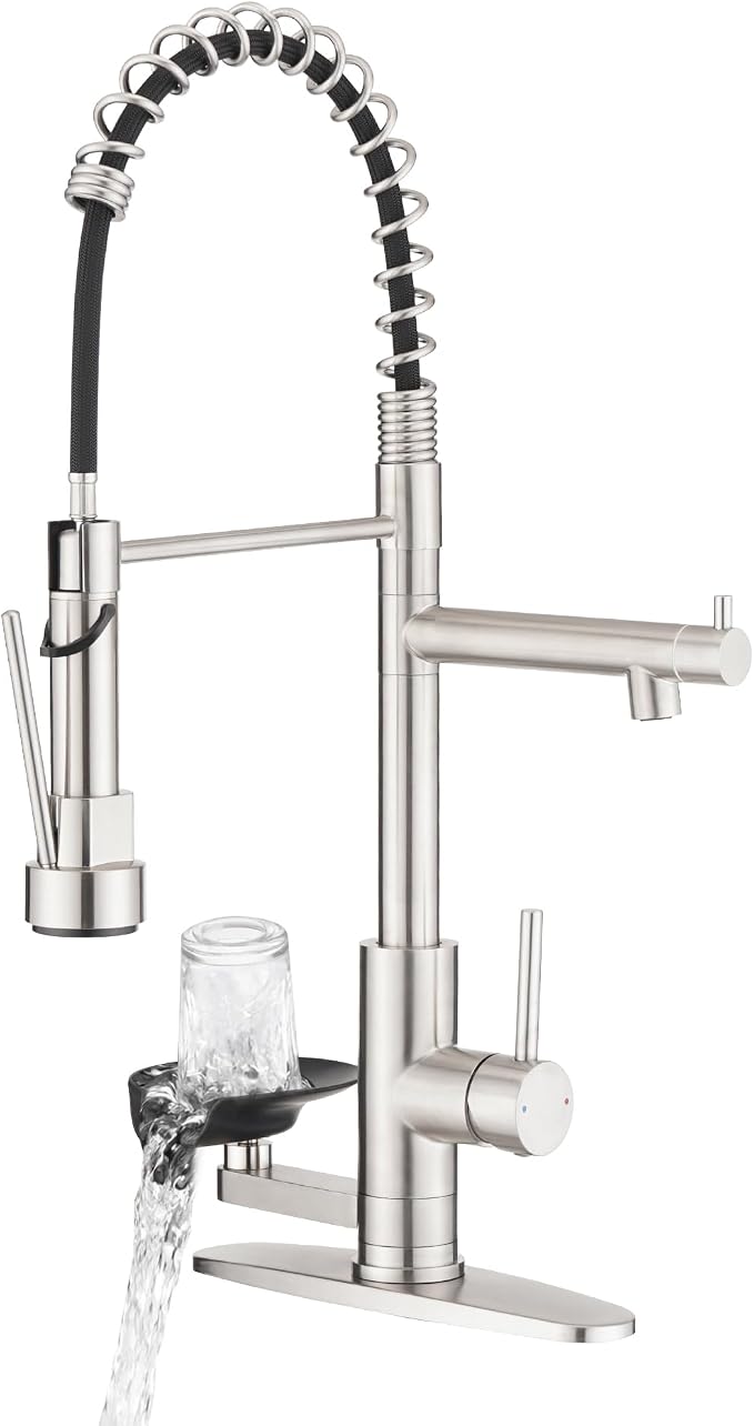 Kitchen Sink Fuacet with Glass Rinser, Single Handle Kitchen Faucet with Pot Filler, Pull Down Sparyer, Deck Plate, 304 Stainless Steel, Brushed Nickel