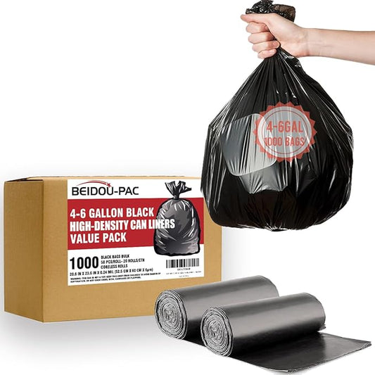 BEIDOU-PAC 4-6 Gallon Trash Bags, 1000 Count Bulk Value Pack Black Garbage bags, Multi-purpose Trash Can Bin Liners for Bathroom, Office, Industrial, Commercial, Janitorial, Municipal, Recycling