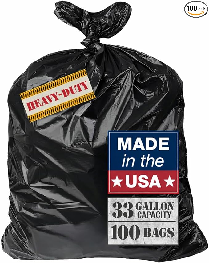 32–33 Gallon Heavy Duty Trash Bags, 100 Count – 2.5 Mil Thick Black Contractor Garbage Bags for Outdoor Bins, Lawn, Construction & Commercial Use – Tear-Resistant Can Liners, 32" x 38"