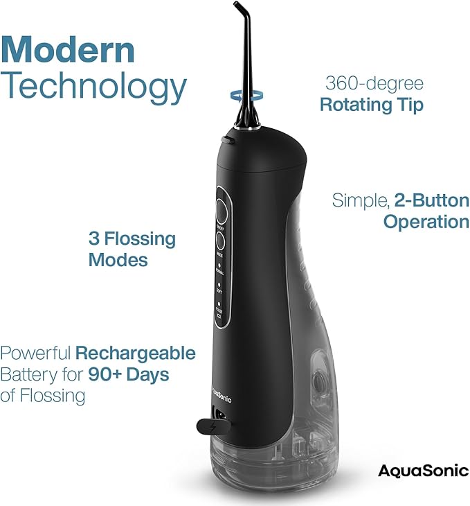 AquaSonic Aqua Flosser PRO - Rechargeable Electric Cordless Water Flosser for Teeth, Gums & Tongue - Waterproof Modern Design, 300ml Large Tank, 3 Modes, 6 Jet Tips, Deluxe Tongue Nozzle - Black