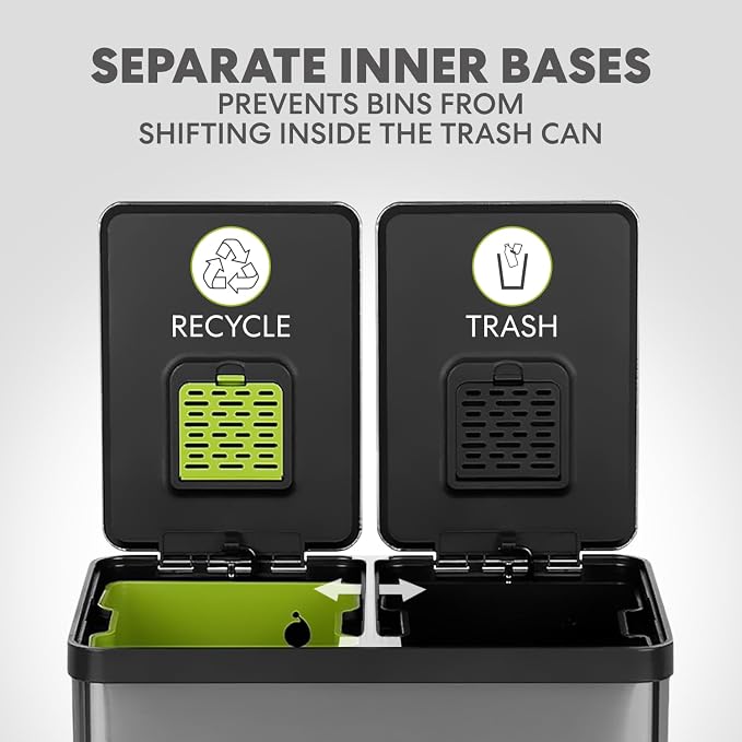 Simpli-Magic 16 Gallon (60L) Elegant Black Step Trash Can – Dual Compartment Kitchen Garbage Can with Waste & Recycling Bins – Slow-Close Lid, Odor Control, Hands-Free, Premium Stainless Steel