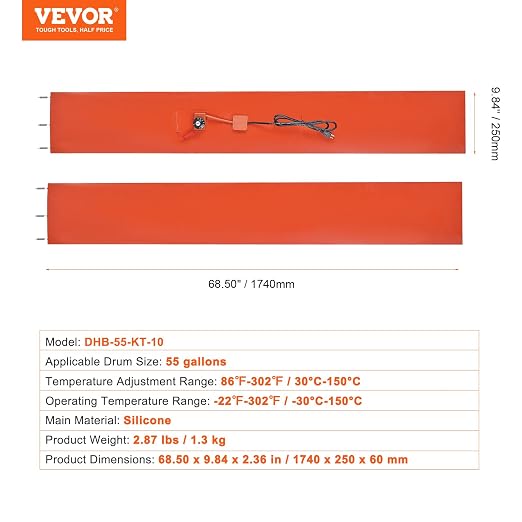 VEVOR Metal Drum Heater, 1200 Watt 10" Width, Pail Heating Band for 55 Gallon Barrel, 86-302℉ Adjustable Thermostat, High Efficiency Silicone Grease Keg Heater, Tested to UL 499 Standard, FCC Listed