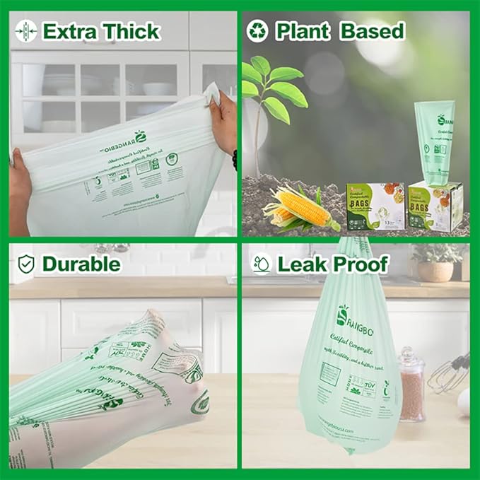 OrangeBio 4 Gallon Compostable Trash Bags, 100 Count, Small Bin Liners for Kitchen, Bathroom & Food Waste, Plant-Based Garbage Bags, BPI & TÜV OK Compost Home Certified