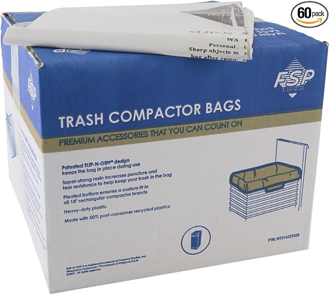 Whirlpool W10165293RB Genuine OEM Trash Compactor Bags (60-Pack) – Heavy-Duty 18-Inch Replacement Bags – Fits KitchenAid, Maytag, JennAir, & Kenmore – 3 Mil Thick, Slip-N-Grip Leak-Proof Design