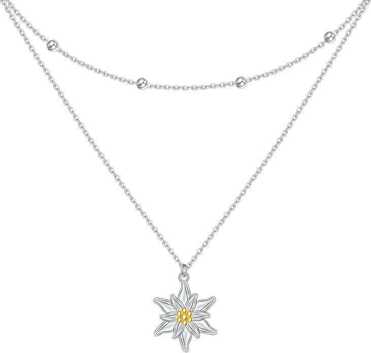 FLYOW Layered Choker Necklace S925 Sterling Silver Star Full Moon Daisy Flower Pendant Disc Jewelry Adjustable Clavicle Necklaces for Women Girls Birthday Gifts