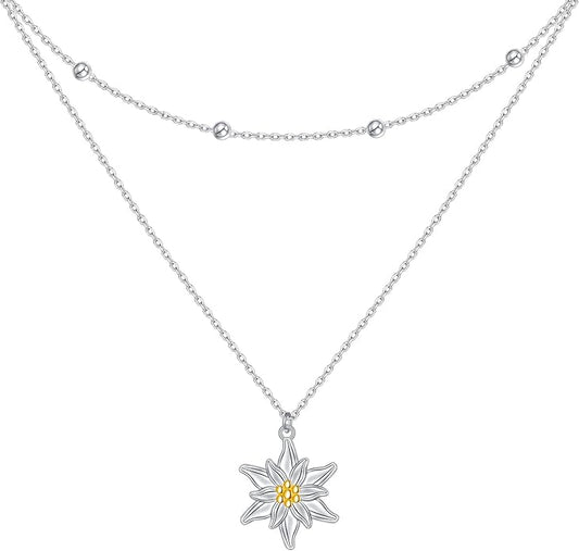 FLYOW Layered Choker Necklace S925 Sterling Silver Star Full Moon Daisy Flower Pendant Disc Jewelry Adjustable Clavicle Necklaces for Women Girls Birthday Gifts