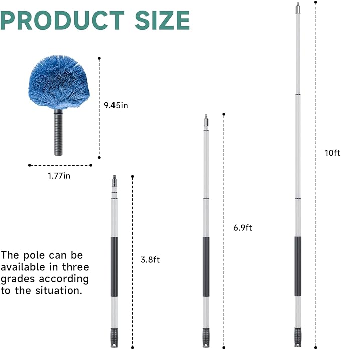 4-10 FT Spider Web Brush with Pole, Cobweb Duster with Extension Pole for Outdoor & Indoor Cleaning, Washable Cleaning Duster Kit with 2 Duster Heads for High Ceilings 18 Ft Reach