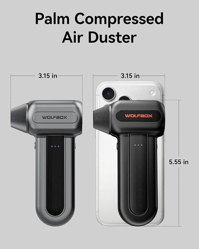 WOLFBOX MF70 Compressed Air Duster-110000 RPM Electric Air Duster with Extended Runtime, 3-Speed Rechargeable Air Blower for Keyboard, Computer, Camera, Car, Home, 5 Nozzles