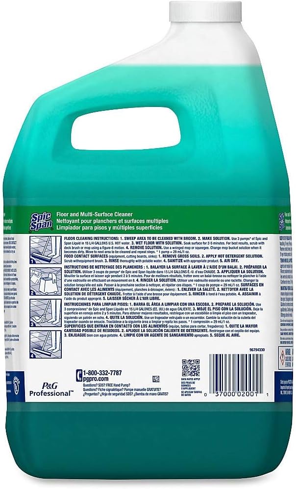 Spic and Span Floor and Multi Surface Cleaner, Bulk Liquid Detergent and Degreaser for Commercial Kitchens and Bathrooms, 1 gal (Case of 3)