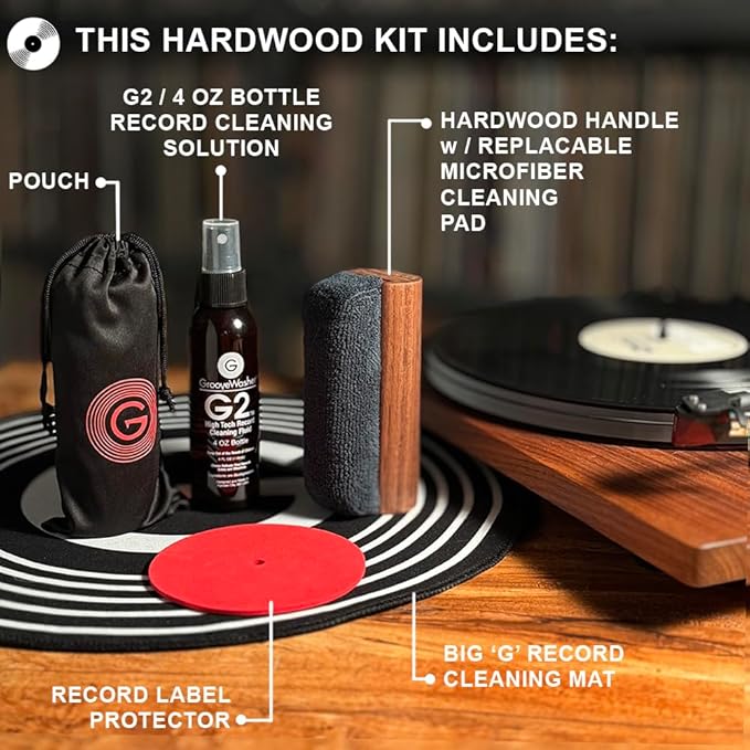 GrooveWasher Vinyl Record Cleaning Kit – Handcrafted Hardwood Handle with Scratch-Free Microfiber Pad, Essential LP Care System Includes G2 Cleaning Fluid Spray + Bonus, Erase Fingerprint Oils & Dirt