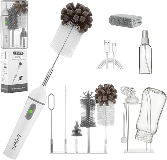 Electric Bottle Cleaner Pro, 11 in 1 Baby Bottle Brush with Drying Rack, Sponge Brush, Silicon Brush, Formula Mixer, Nipple Brush, Soap Dispenser, Microfiber Cleaning Cloth Included