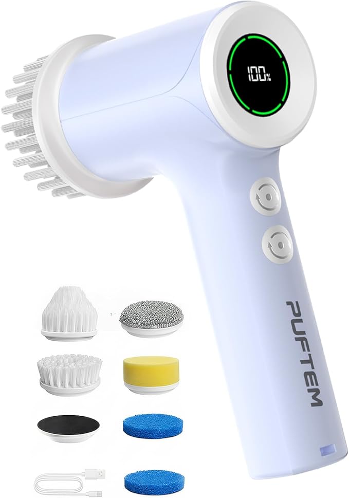 PUFTEM Upgraded Electric Spin Scrubber, Powerful Cordless Shower Scrubber with 4500mAh Large Battery & Speed Display, 6 Replaceable Brush Heads, Cleaning Brush for Bathroom Tile Tub Floor (Purple)