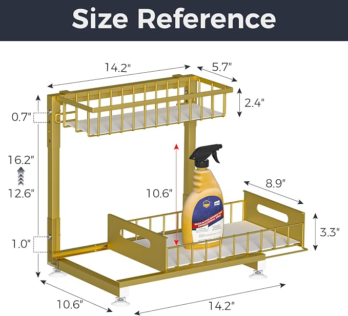 L-Shaped Under Sink Organizer, 2-Tier Pull Out Metal Kitchen Cabinet Organizer with Sliding Storage Drawer, Height Adjustable Heavy Duty Under Bathroom Sink Storage for Cleaning Supplies 1 Pack