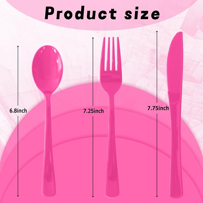 Plastic Silverware 150 PCS Disposable Silverware Heavy Duty Utensil Sets 50 Of Each Forks Knives & Spoons Disposable Cutlery Set For Easter,Birthday,Baby Shower,Garden Party,Wedding(150,Hot Pink)