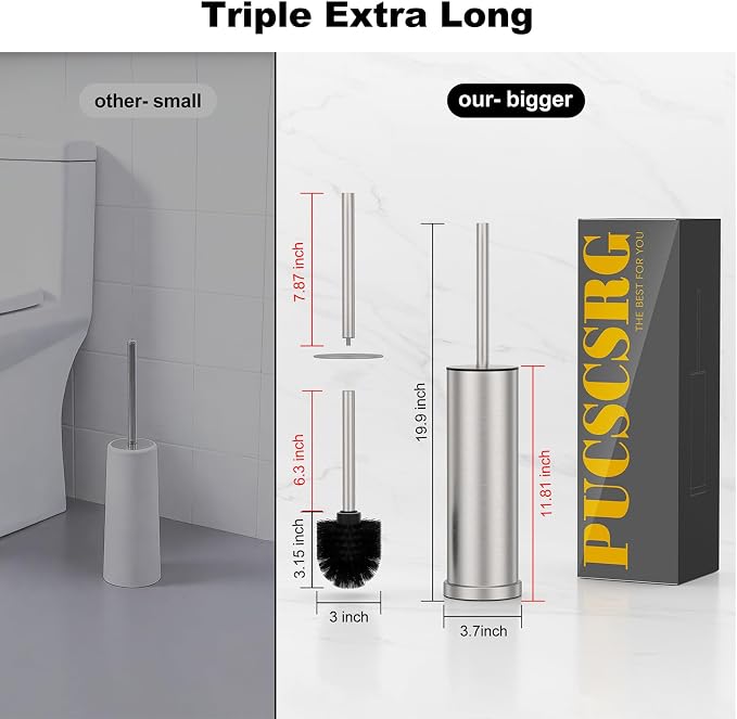 Stain Nickel Toilet Brush and Holder Set，2 Pack Stainless Steel Heavy Duty Toilet Bowl Brush，Extra Long Handled Toilet Cleaner Brush with Replaceable Head, Removable Inner Bowl & Splash Protection