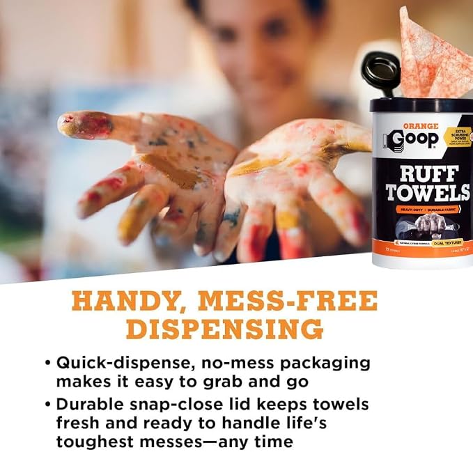 GOOP Orange Heavy Duty Ruff Towels with Scrubbing Power, 10” x 12” Dual Textured Multi-Purpose Cleaning Wipes, Removes Dirt, Grease, Oil, 72 Count