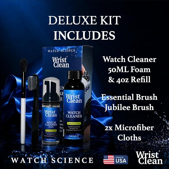 Deluxe Watch Cleaning Kit with Microsuds Tech | Watch Cleaner 50ML Foam, 4oz Refill, Large Watch & Jewelry Cleaner Cloth, Jewelry Cleaning Brush | USA Made (5 piece set)