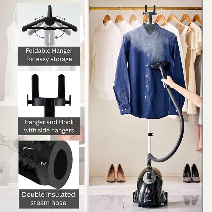 SALAV GS18-DJ Standing Garment Steamer with Roll Wheels for Easy Movement, 1.8L Water Tank for 1 Hour Continuous Steaming, Adjustable Pole for Storage, Includes Descaler Packet, 1500 watts