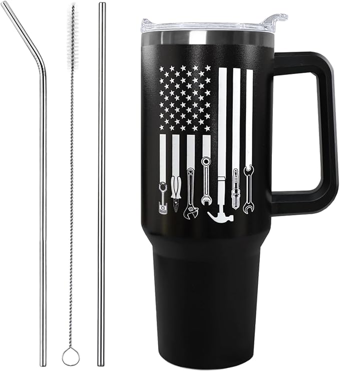 Ceovfoi Mechanic Gifts for Men, 40 oz Mechanic American Flag Stainless Steel Tumbler with Handle Lid and Straw, Mechanic Stuff Supplies Accessories