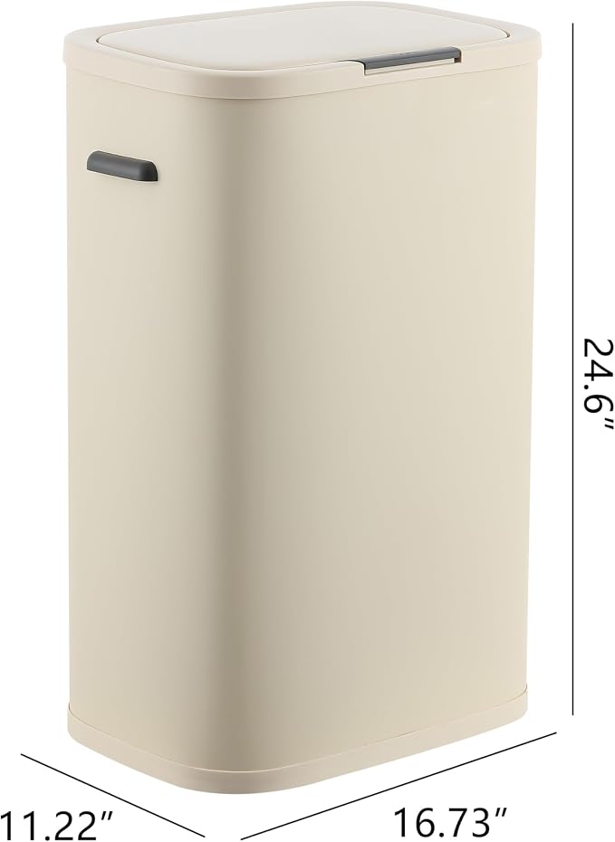 happimess HPM1017D Tammi Kitchen 14.5-Gallon Slim Metal Push Button Trash Can, Fingerprint Resistant, Modern, Minimalistic for Home, Kitchen, Laundry Room, Office, Bedroom, Bathroom, Limestone Beige