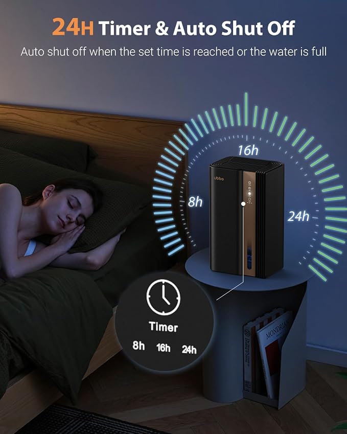 UBBO 95oz Dehumidifiers for Home, 1000 Sq.Ft Dehumidifier with Drain Hose - Auto Shut Off, Timer, Sleep Mode & Drain Hose - 7 Color Light for Bedroom, Bathroom, RV - Black Gold