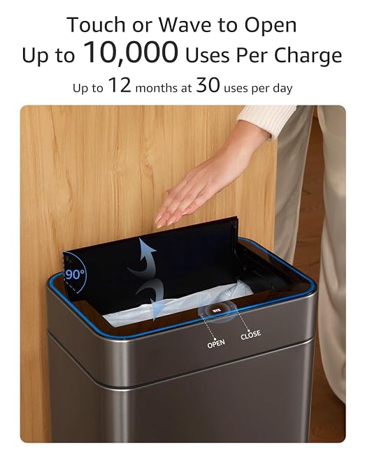 zyz Kitchen Trash Can 13 Gallon / 50L, Automatic Touchless Sensor Garbage Can with Butterfly Lid and Legs, USB 2400mAh Battery, Stainless Steel Soft-Close Trash Bin for Home (120 Count Trash Bags)