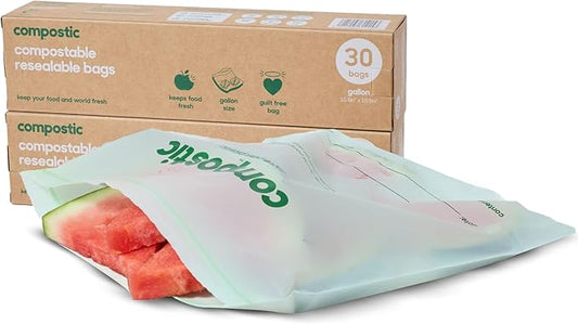 Compostic Compostable Gallon Bags (60 Count) Starter Pack — Resealable Zip-Seal, Plant-Based, Home Compostable, Freezer Safe, BPA-Free, Non-Toxic, GMO-Free Food Storage Bags