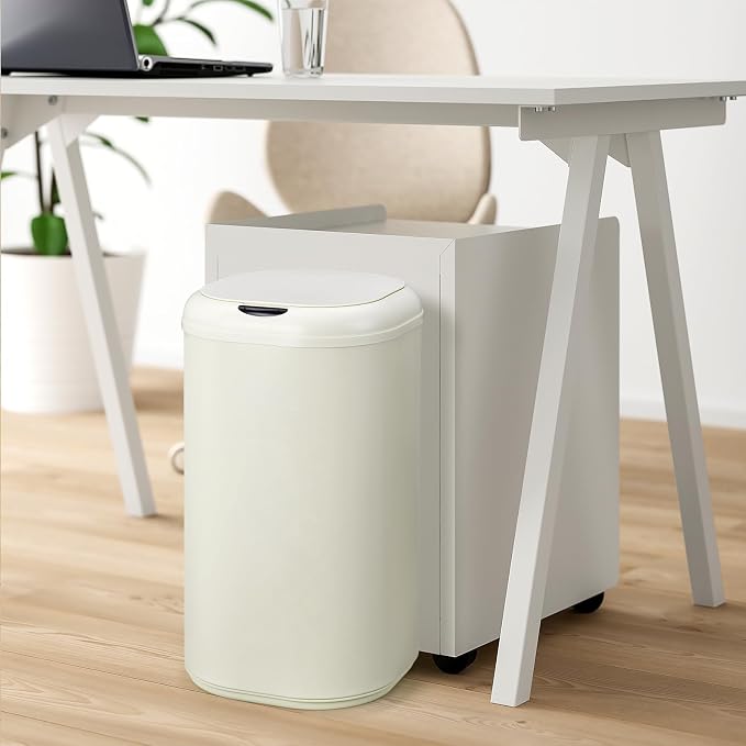Takywep Stainless Steel 8 Gallon Automatic Trash Can with Lid, 30 Liter Touchless Motion Sensor Kitchen Garbage Can, Smart Cylindrical Trash Can for Home Bathroom Living Room Office, Cream White