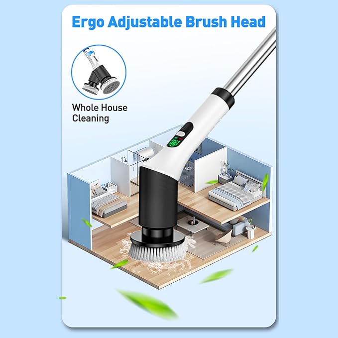 Weytoll Electric Spin Scrubber, IPX65 400/450rpm Electric Cleaning Brush Kit with Extendable Handle and 9 Interchangeable Heads Multifunctional Handheld Cordless Scrubber for Kitchen Bathroom