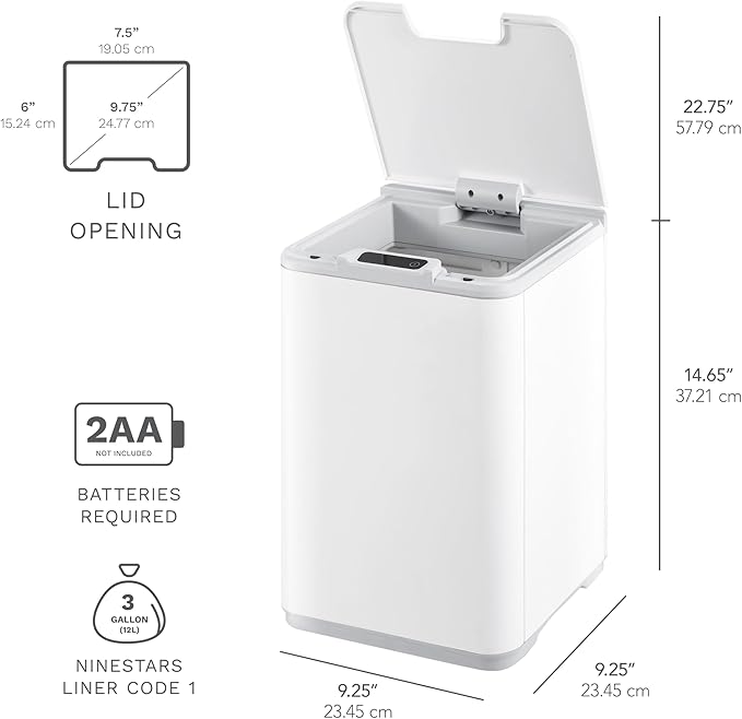 NINIESTARS DZT-10-35, 2.6 GAL / 10L, White Plastic, Square Shape, Motion Sensor Trash CAN