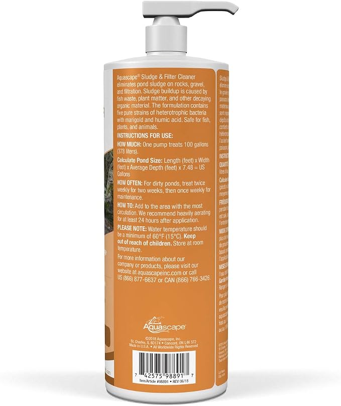 Aquascape 98891 Sludge and Filter Cleaner Treatment Liquid 1 Ltr/33.8 oz for Pond Water Feature Waterfall and Garden