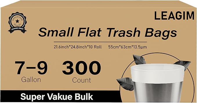300 Count 7-9 Gallon Trash Bags, 13 Micron Extra Thick 8 Gallon Medium Garbage Bags, Unscented White Wastebasket Trash Can Liners for Bathroom Kitchen Home Office