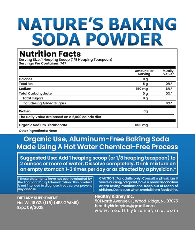 Organic Use Aluminum Free Baking Soda Bulk Supplement Powder in Mason Jar with Lid & Spoon - Food Grade & Organic Use Baking Soda for pH Balance, Kidney Health, Antacid & Detox Support - 16oz