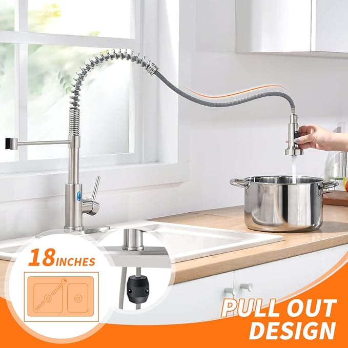Touchless Kitchen Faucet with Pull Down Sprayer LED Light Single Handle Kitchen Sink Faucet Motion Sensor Smart Hands-Free, Stainless Steel Brushed Nickel 1080SN