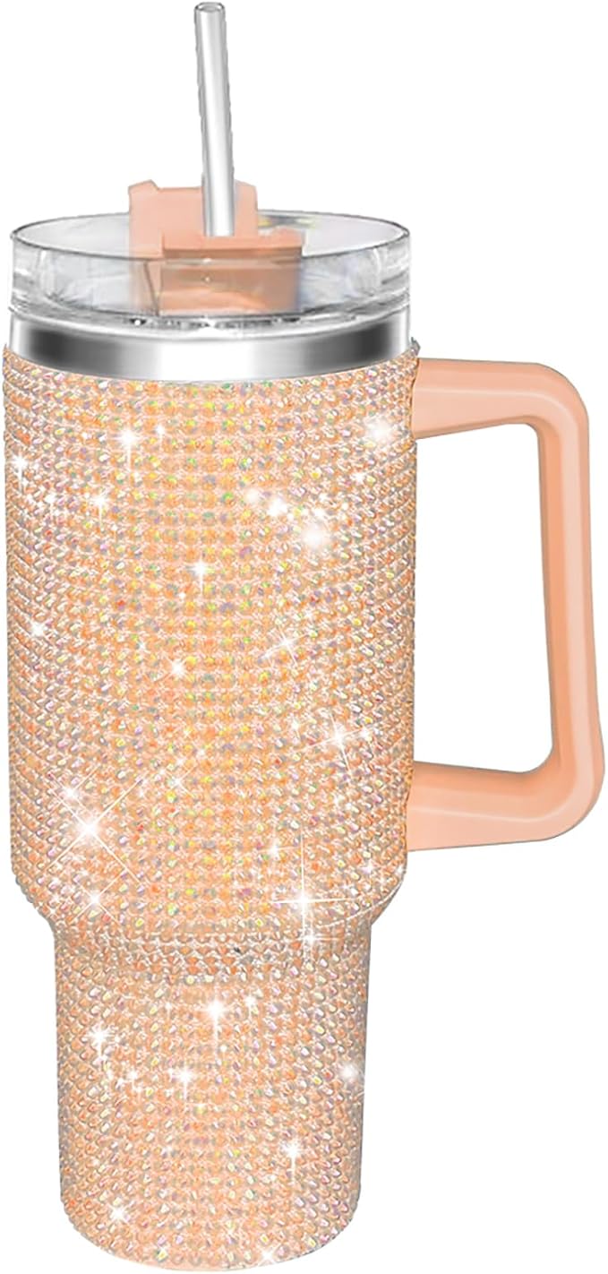 HWISDMIG 40oz Tumbler with Handle-Glitter Rhinestones Tumbler Bling Cups Stainless Steel Water Bottle Diamond Studded Tumbler for Women-Birthday Gifts for Women, Mom, Girlfriend (Peach Fuzz)