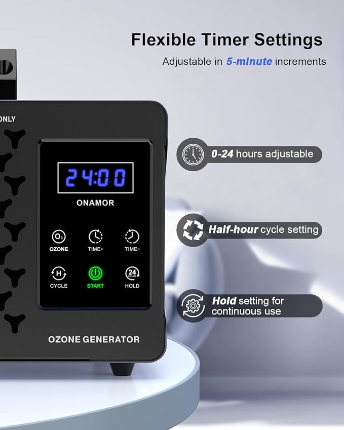 ONAMOR Digital Ozone Generator Odor Eliminator 180,000mg, High Capacity Ozone Machine Odor Removal Up to 8,000 Sq.Ft, Ozone Odor Eliminator, Ionizer Ozonator for Home, Car, Smoke, Pet Room (Grey)