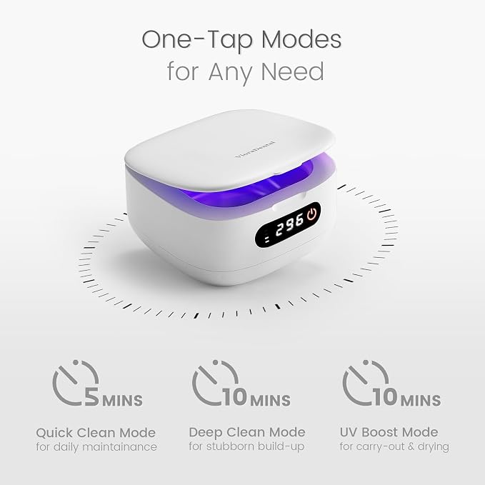 Viora 52kHz Cordless Ultrasonic Retainer Cleaner: USB-C Rechargeable Travel Retainer Cleaner for Denture, Aligner, Mouthguard, Nightguard, UV Denture Cleaner with Mirror+Retainer Cleaning Tablets