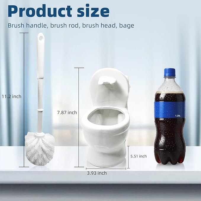 Novelty Toilet Brush Holder, Mini Toilet Shaped Ceramic Bathroom Decor with Self-Draining Base & Brush - Unique Funny Gift for Home, Office Desk Organizer (White)