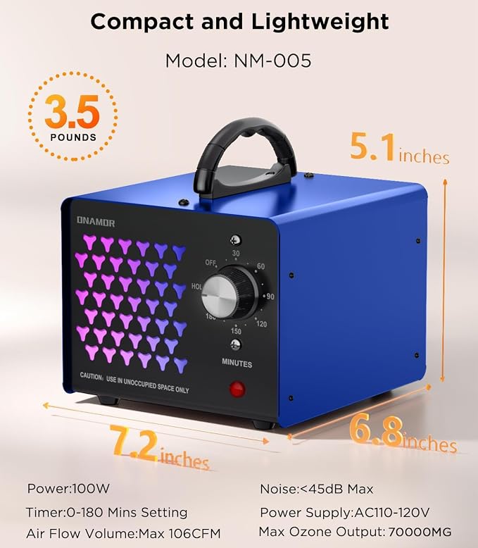 ONAMOR Ozone Generator Odor Eliminator 70000mg, High Capacity Ozone Machine Odor Removal Up to 6000 Sq.Ft, Ozone Ionizer Ozonator for Smoke, Car, Basement And Pet Room, Blue