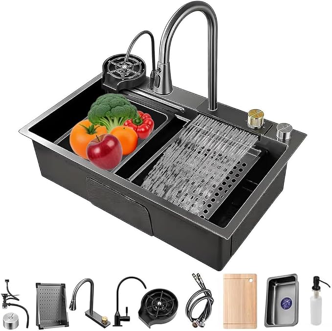 Dark Grey Single Bowl Stainless Steel Waterfall Kitchen Sink with Utility Hot & Cold Pull-Out Faucet,Knob Control Workstation Sink With Cup Washer,Drainage Basket (33.5 * 17.7 * 8.3in)