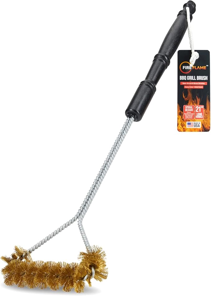 Fireflame BBQ Grill Brush – Non-Scratch Brass Bristles - 21-Inch Long Handle Barbecue Grill Cleaning Brush - Wide-Faced Spiral Heavy-Duty – Made in The USA