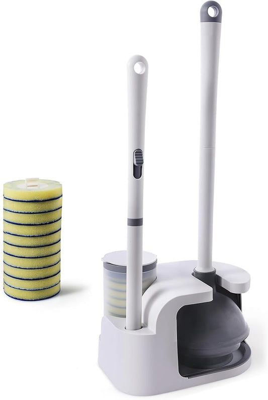 Eyliden Toilet Brush and Plunger Combo Set | 2-in-1 Disposable Toilet Bowl Wand Kit with 10 Refill Heads, Toilet Plunger, Compact Storage Holder | Bathroom Cleaning System for Home, White
