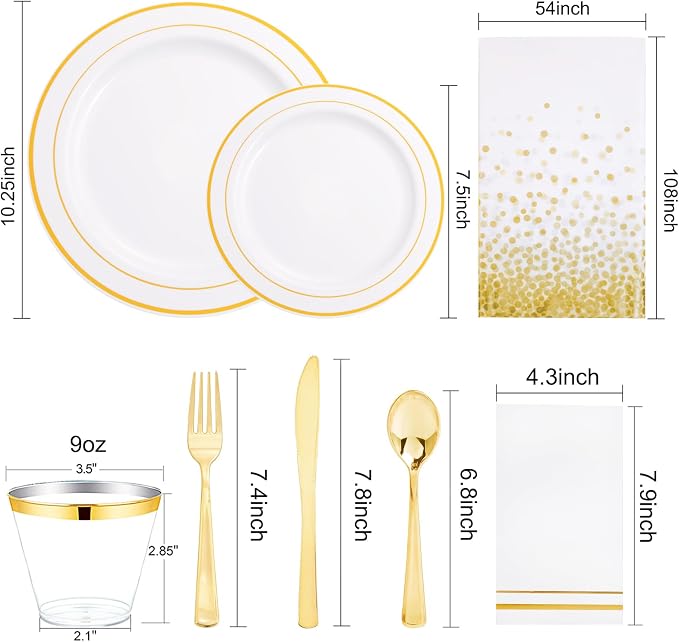 GATHER 175 Pieces Gold Dinnerware Disposable - White and Gold Plastic Plates Includes 50 Plates, 25 Plastic Silverware, 25 Napkins, 25 Cups for Wedding Party