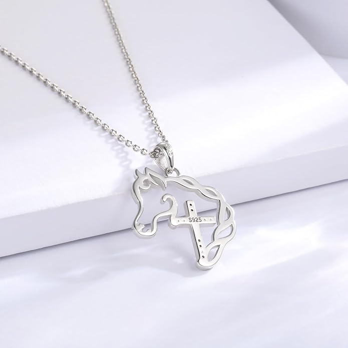 925 Sterling Silver Cross Horse Necklace Pendant Jewelry Gifts for Women