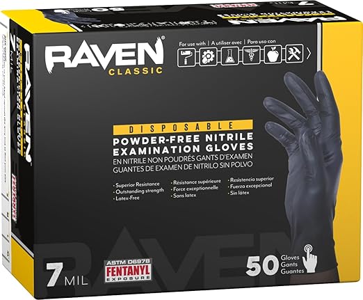 Raven Exam Grade Nitrile Disposable Gloves XL, Powder Free Latex Free Gloves, 7 Mil Puncture Resistant, For Law Enforcement, Automotive, Health Care & Cleaning Supplies, 50 Count