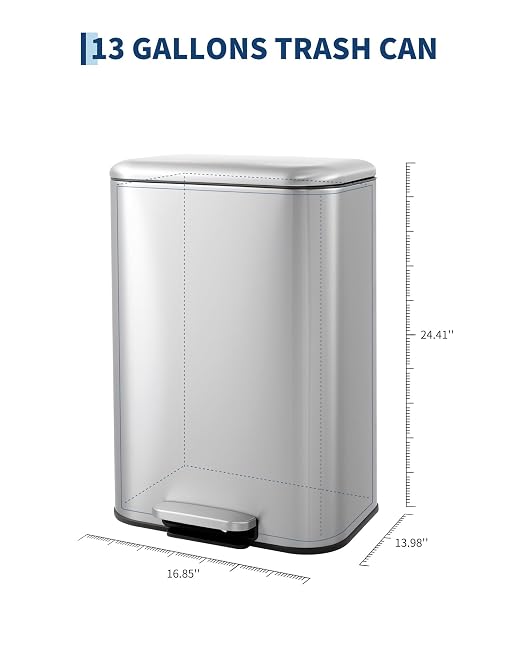 Garvee 13 gal Kitchen Trash Can, Step Garbage Can with Soft-Close Lid, Stainless Steel Recycling Bin with Removable Inner Bucket, Rectangular Waste Container for Living Room, Office, Silver