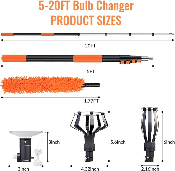 PMMJ Light Bulb Changer for High Ceilings with 26FT Reach, Telescopic Extension Pole for High Ceilings and Recessed Lights (5-20FT) with Baskets, Suction Cup and Duster
