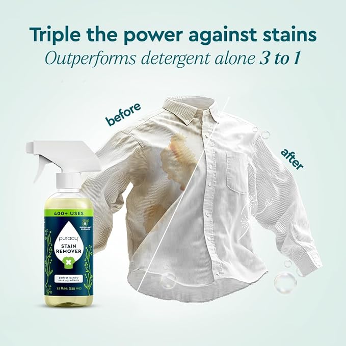 Puracy Pet Stain and Odor Remover and Stain Remover Spray Bundle - Enzyme Cleaner for Dog Urine and Poop Carpet (Cucumber & Mint, 25oz) Travel Laundry Stain Cleaner for Clothes (Free & Clear, 12oz)