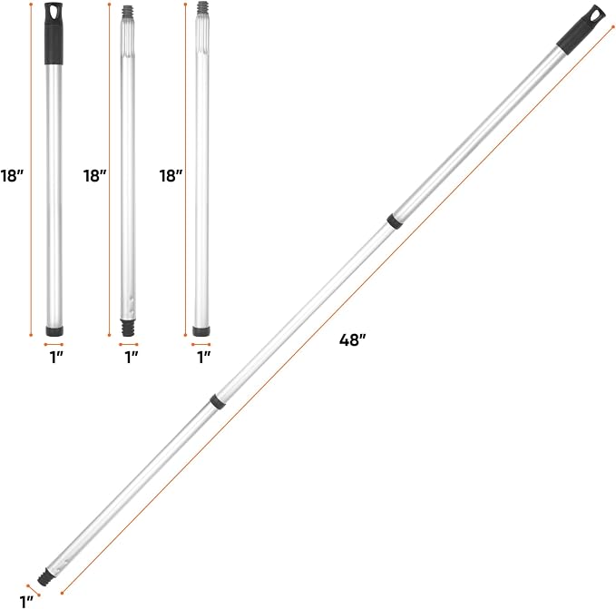 Superio 3 Part Heavy Duty Metal Handle Pole with Hanging Loop for Easy Storage, Mop Replacement Handle, Fits Most Brooms, Mops & Brushes, 48" (3 Pack)