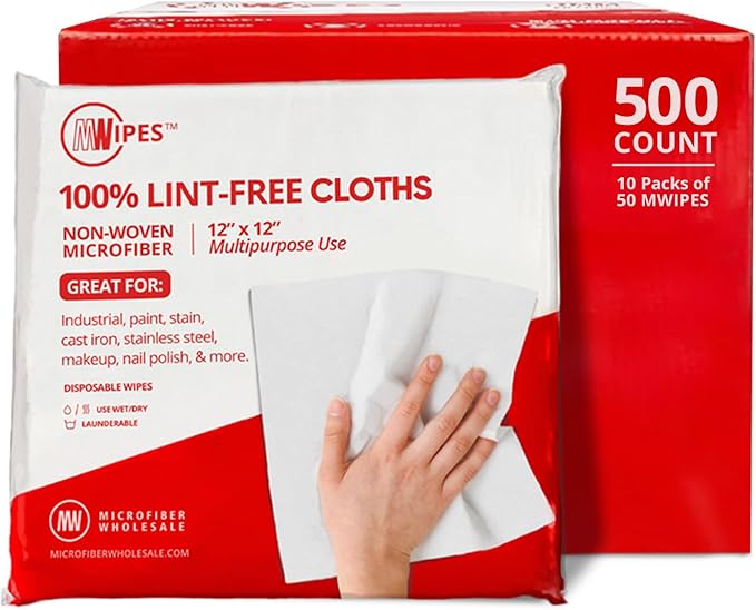 Mwipes Lint Free Cloth - 12" x 12" 500 Pack, Highly Absorbent Disposable Microfiber Wholesale Cleaning Cloths for Industrial, Medical, Staining, Cast Iron, Woodworking, Makeup, Nail Polish